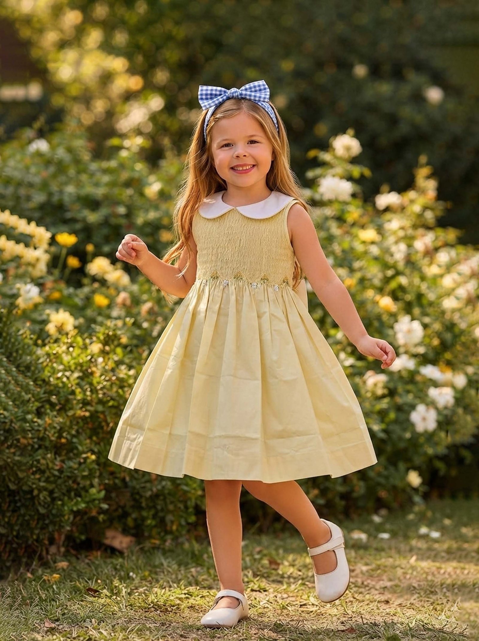 Yellow & White Smocked Dress (FK-TM835) - Image 2