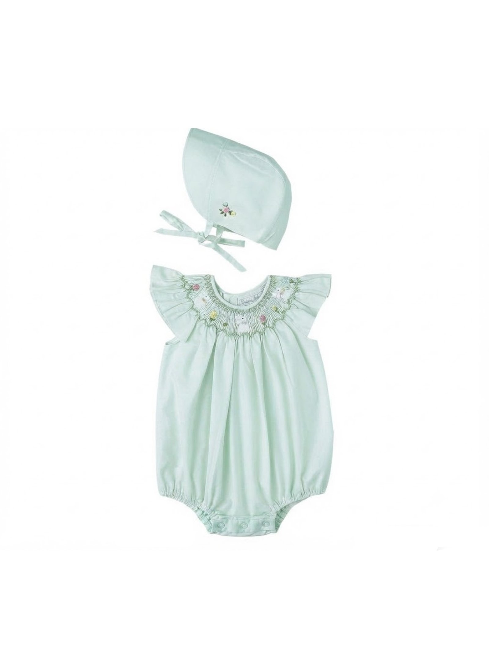 Green Smocked Bunny Bubble & Bonnet ( FB- TM 137)