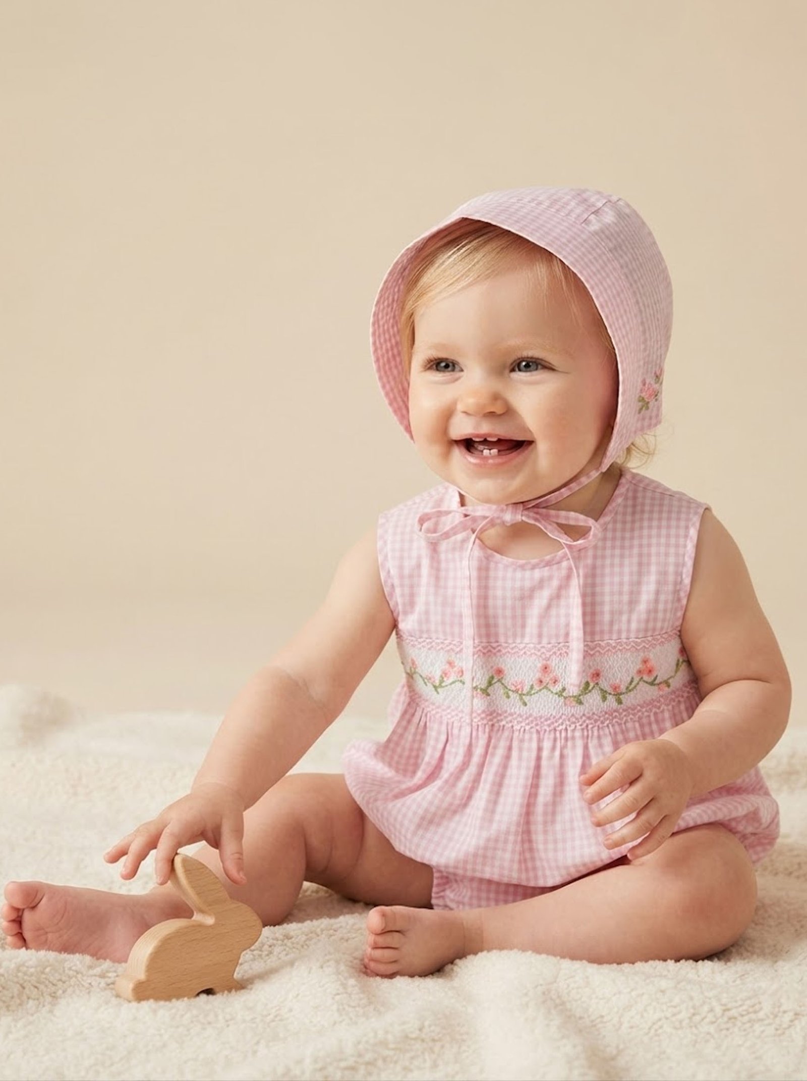Pink & White Gingham Smocked Bubble & Bonnet (FK-TM621) - Image 2