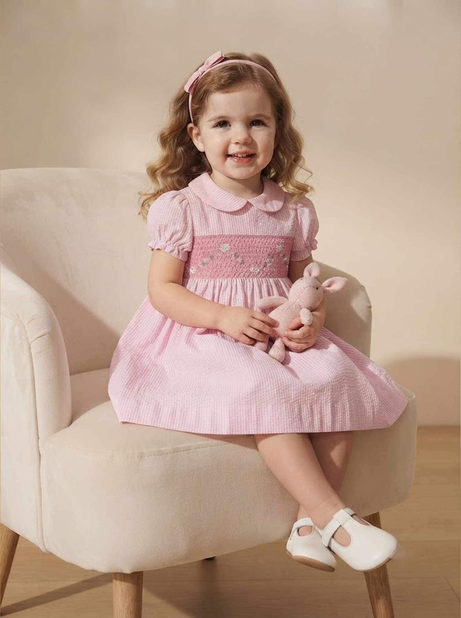 Pink & White Strip Smocked Peter Pan Collar Dress (FK-B0146) - Image 2