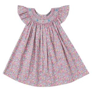 Pink & White Floral Smocked Angel Sleeve Dress (PS-B300)