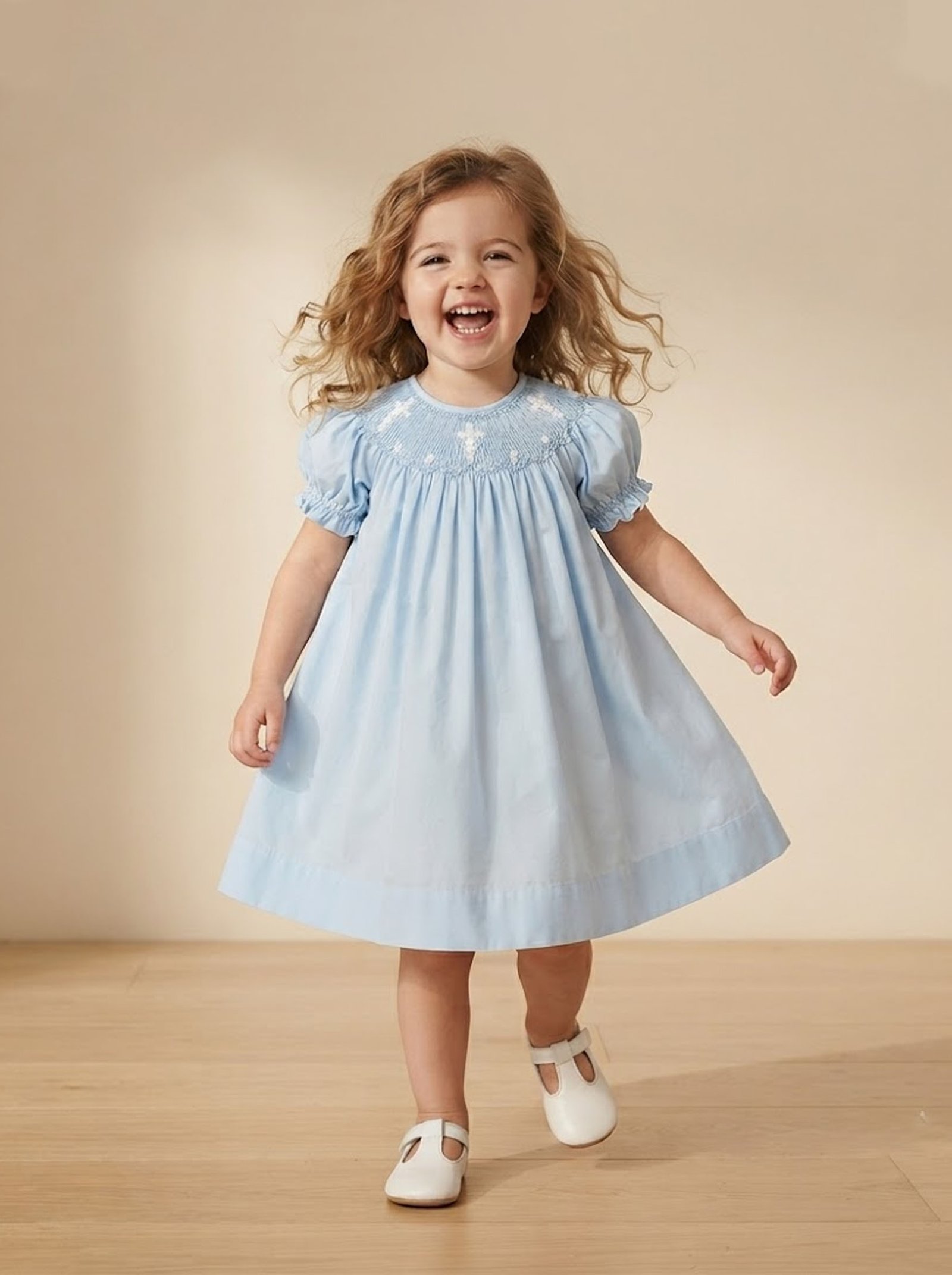 Baby Blue & White Cross Smocked Dress (FK-TM 1088) - Image 2