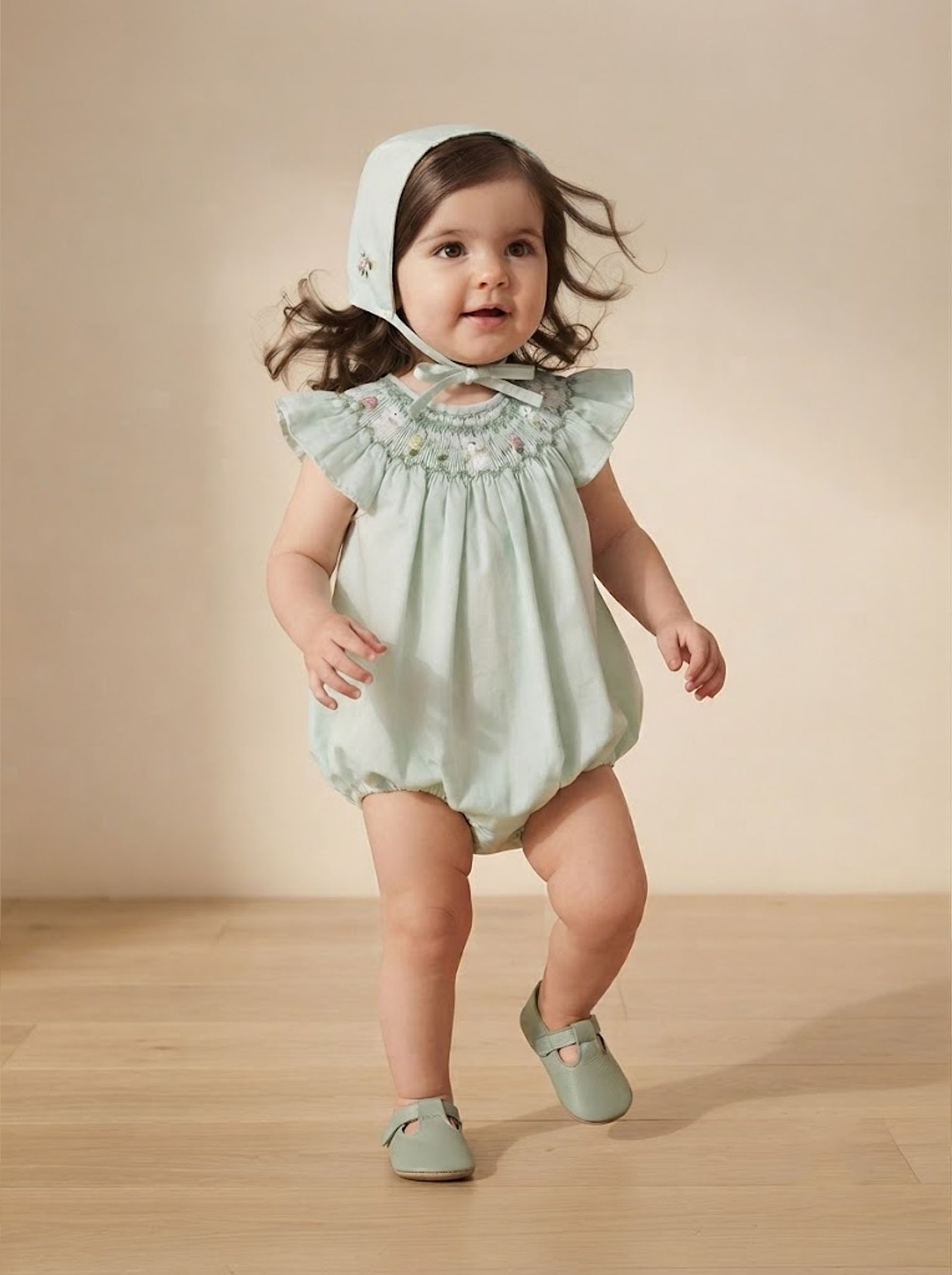Green Smocked Bunny Bubble & Bonnet ( FB- TM 137) - Image 2