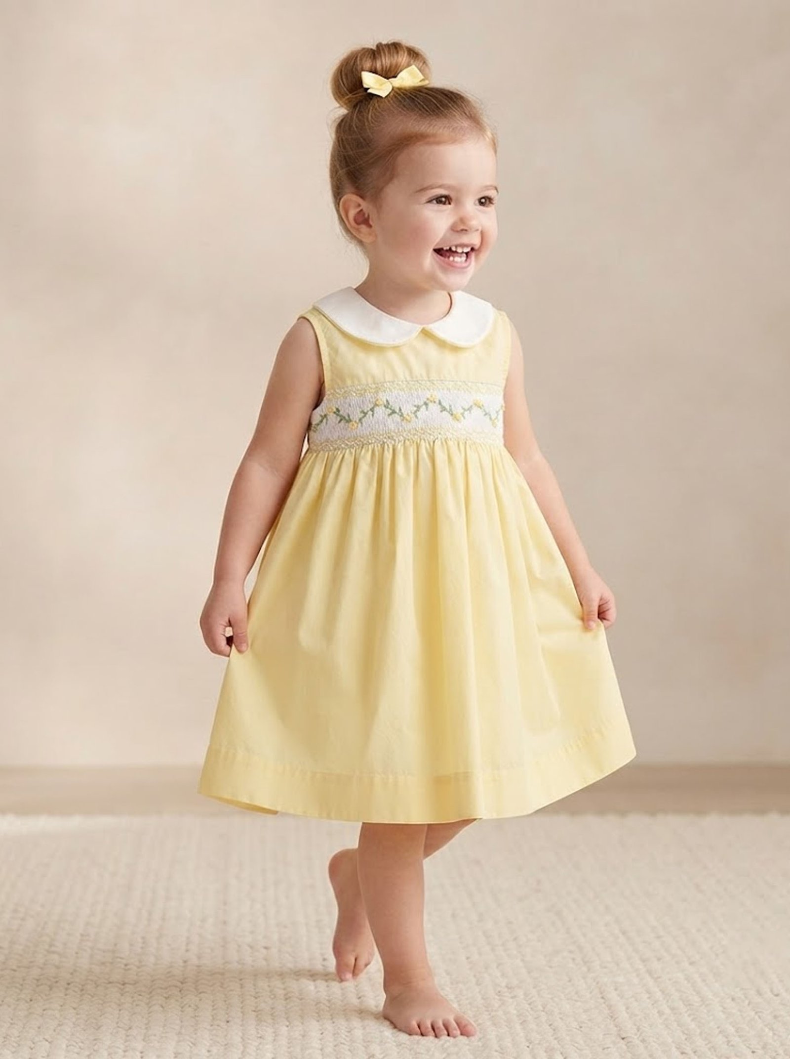 Yellow & White Smocked Peter Pan Collar Dress (FK-TM 1060A) - Image 2
