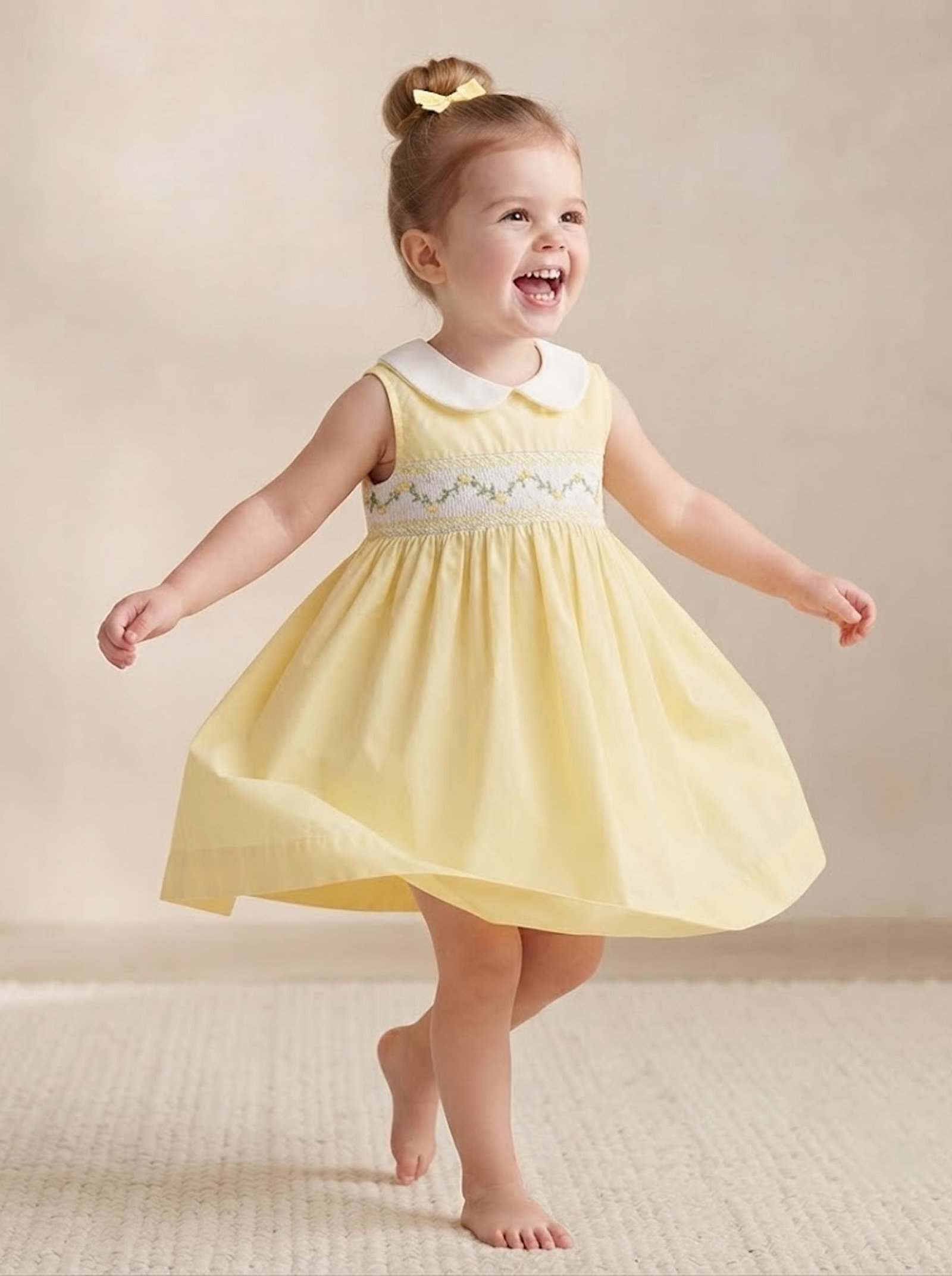 Yellow & White Smocked Peter Pan Collar Dress (FK-TM 1060A) - Image 3