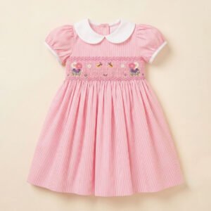 Pink& White Strip Smocked Peter Pan Collar Dress (FK-B1061A)