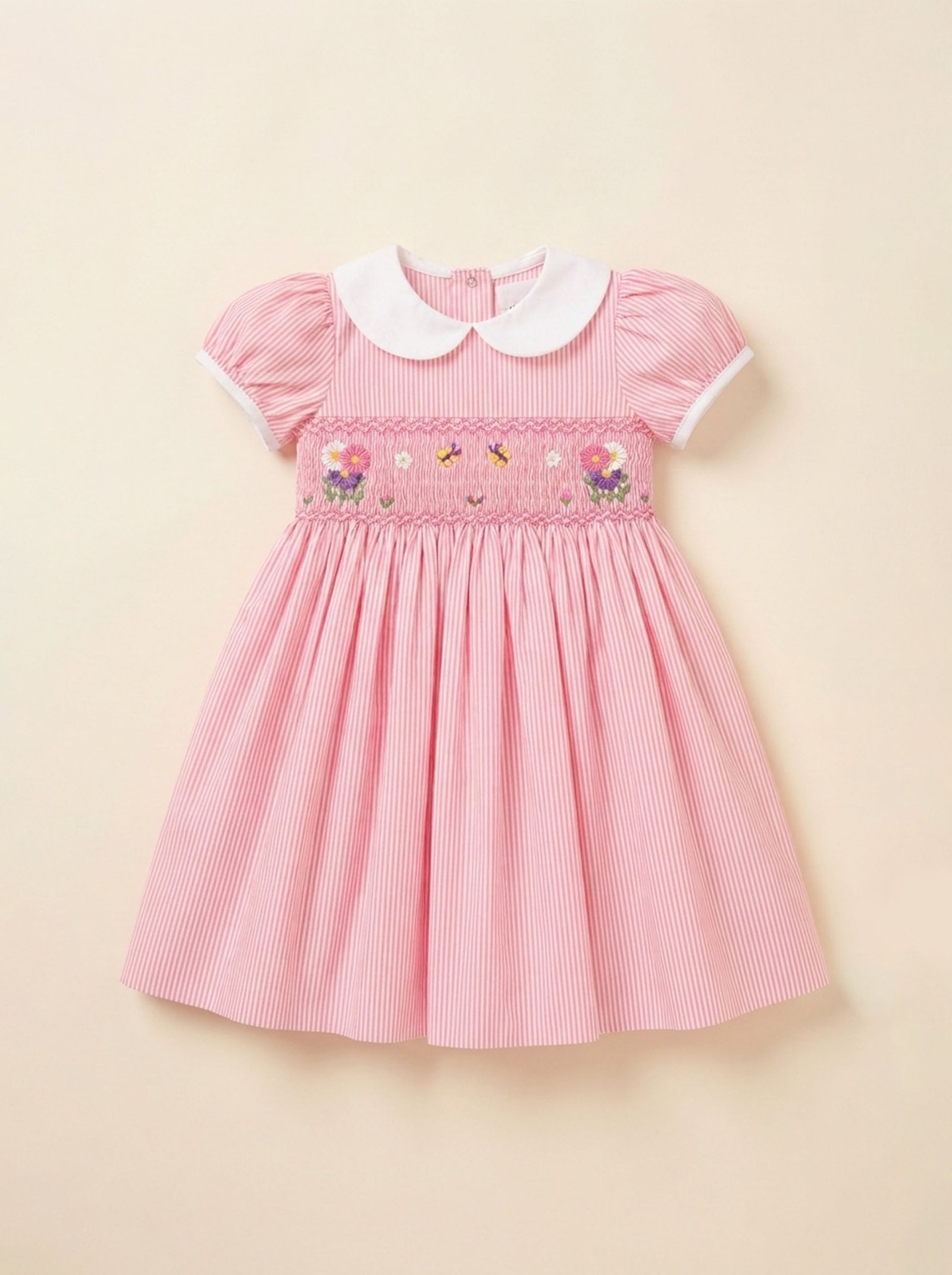 Pink& White Strip Smocked Peter Pan Collar Dress (FK-B1061A)