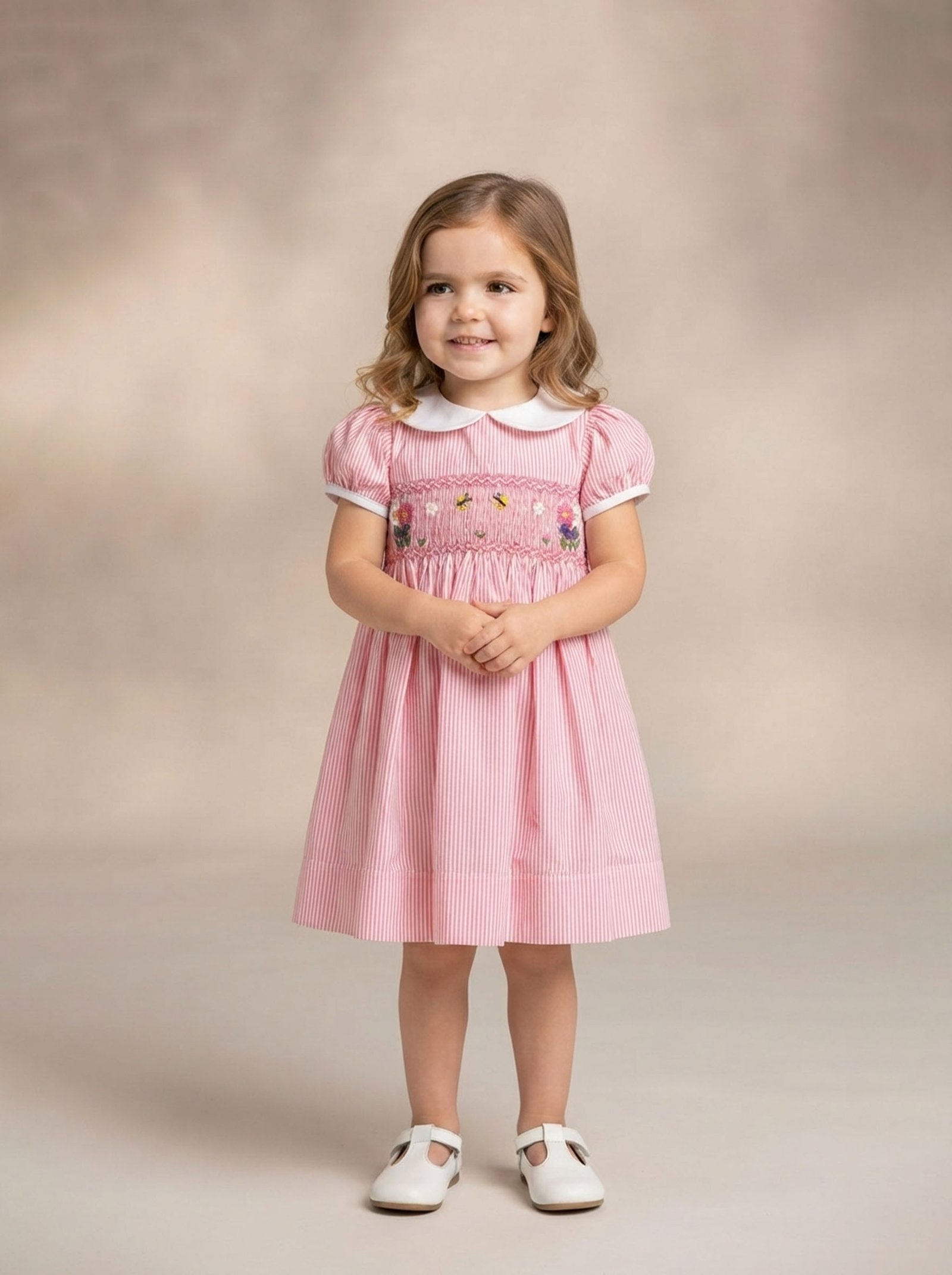 Pink& White Strip Smocked Peter Pan Collar Dress (FK-B1061A) - Image 2