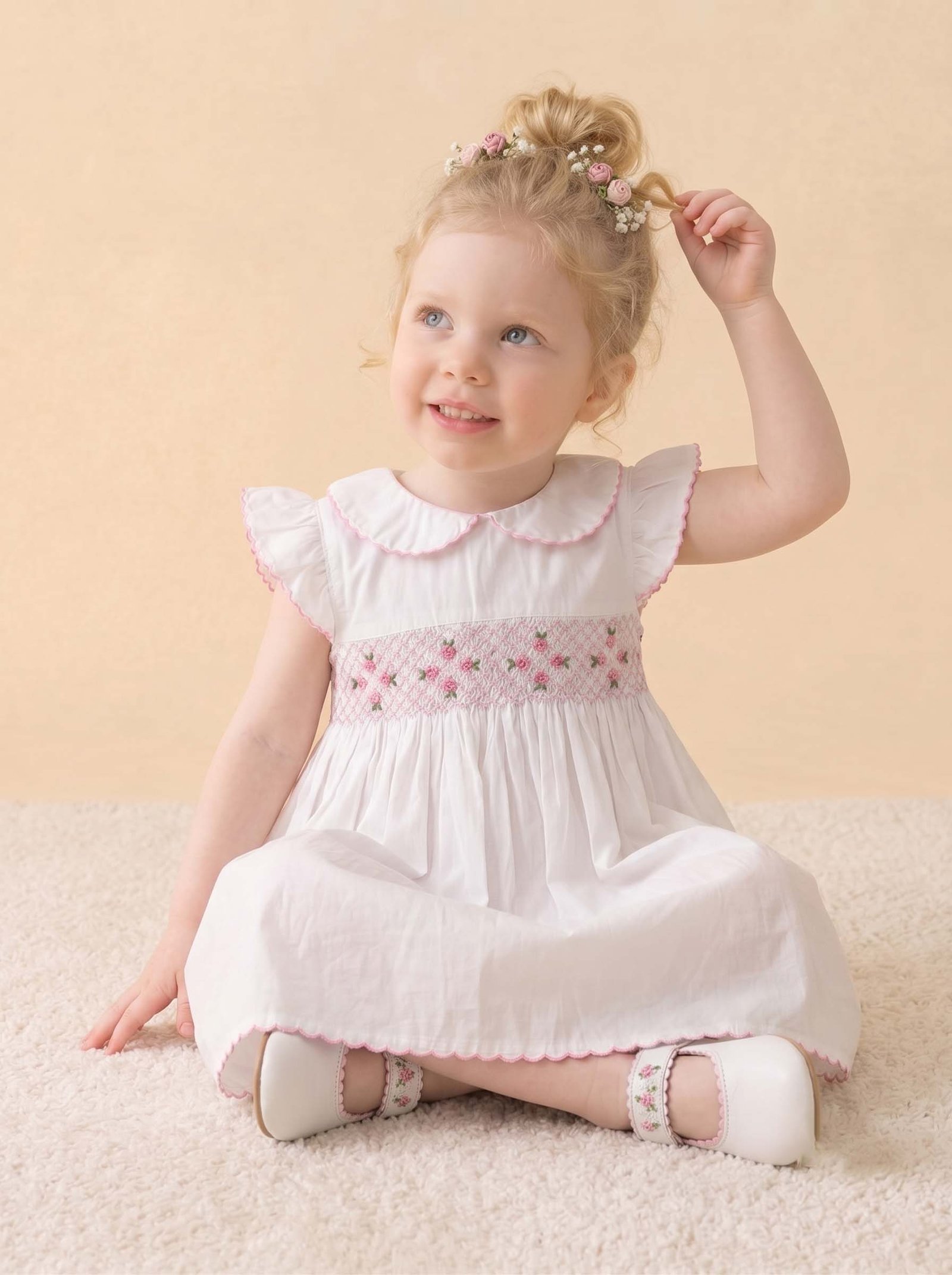 Pink & White Smocked Angel Sleeve Dress (PS- B313) - Image 2