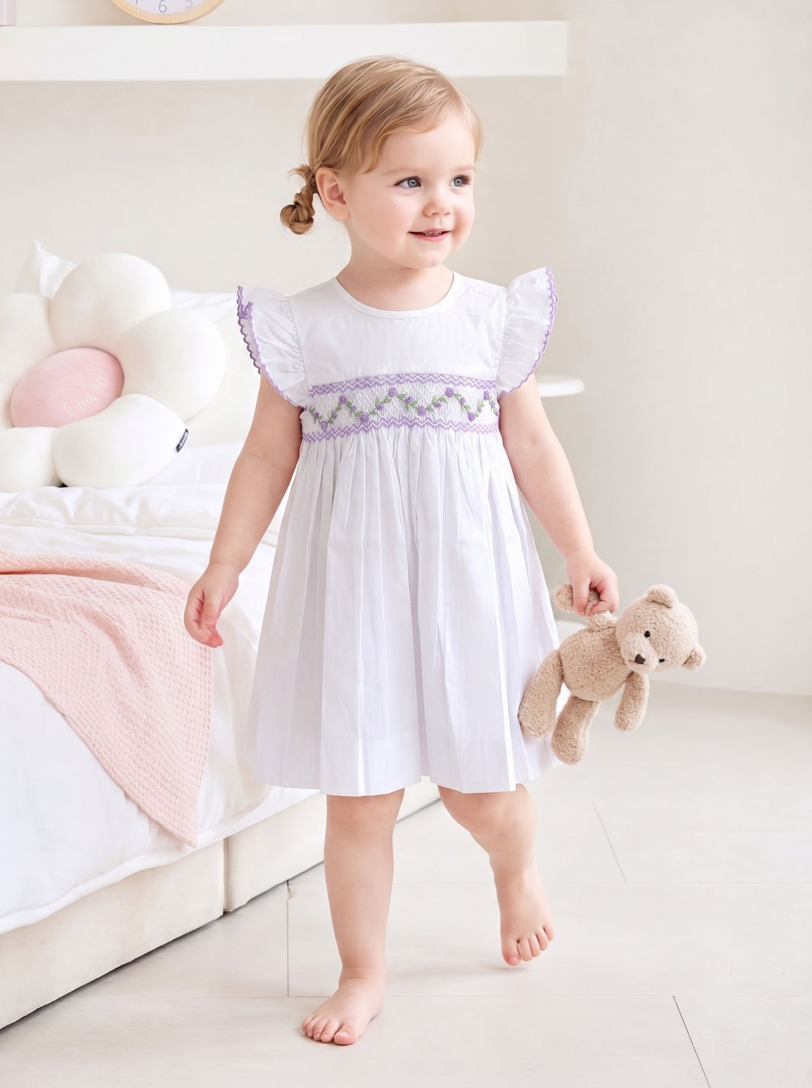 Lavender & White Smocked Angel Sleeve Dress (PS- TM 1117) - Image 2