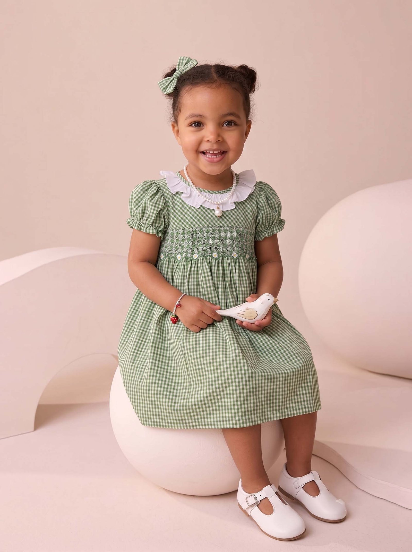 Green & White Gingham Smocked Dress & Bloomers (PS- B353A) - Image 2
