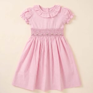 Pink Smocked Plaid Flower Dress (FK-B0159)