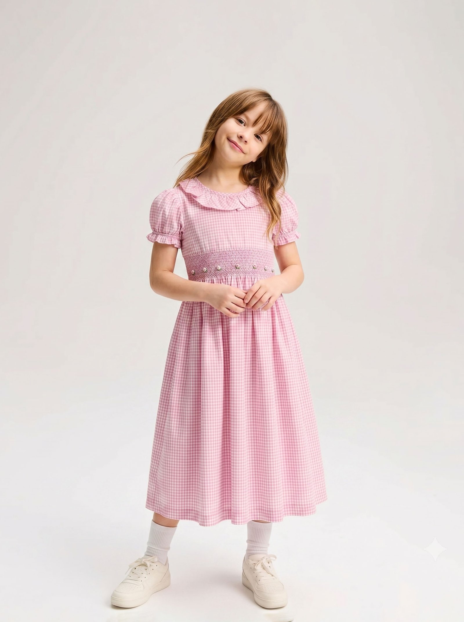 Pink Smocked Plaid Flower Dress (FK-B0159) - Image 2