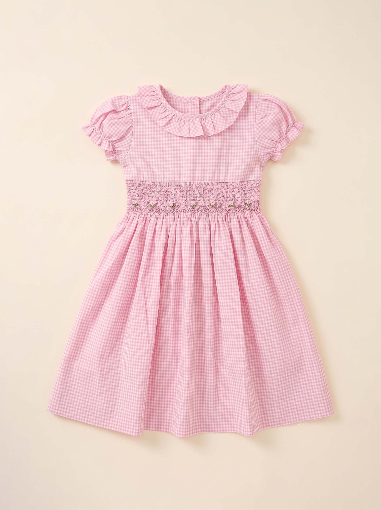 Pink Smocked Plaid Flower Dress (FK-B0159)