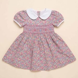 Pink & Blue Floral Smocked Peter Pan Dress ( FK - B0146)
