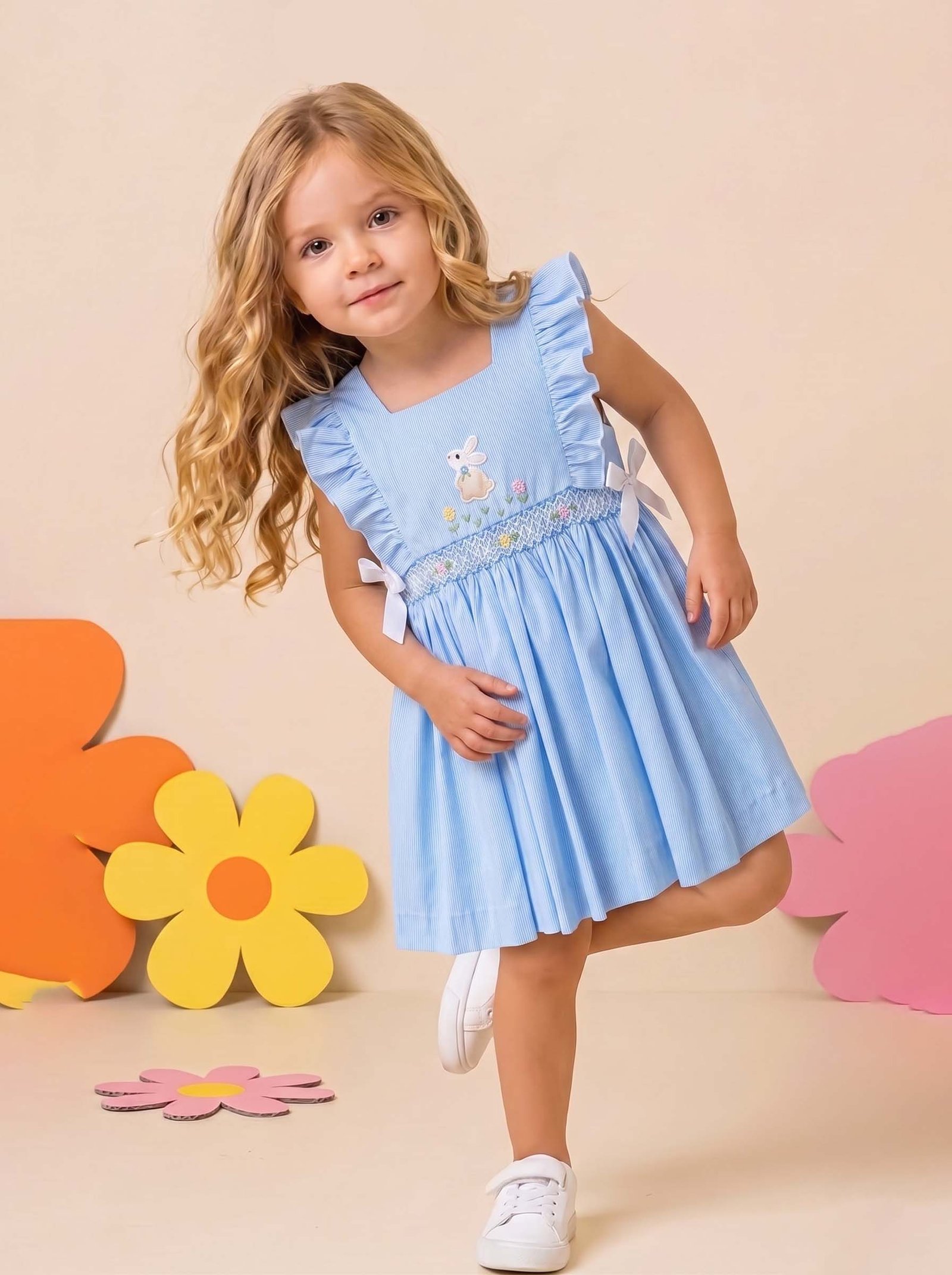 Baby Blue Ruffle Smocked Easter Bunny Dress - Image 2