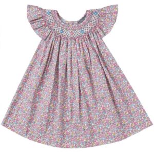 Pink & White Floral Smocked Angel Sleeve Dress (PS-B300)