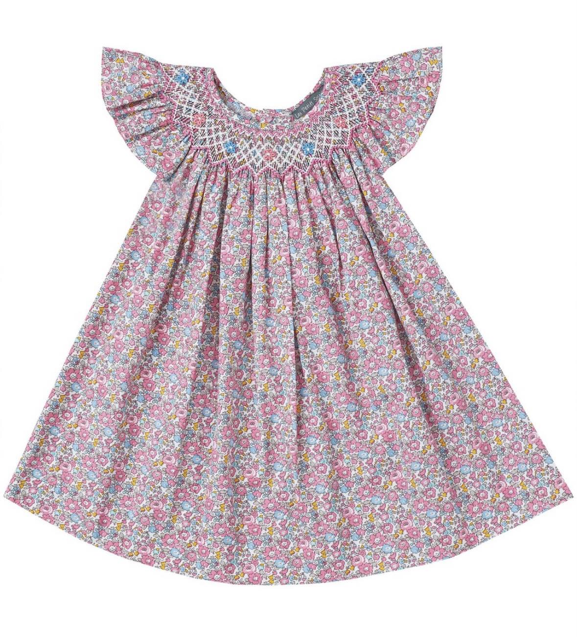 Pink & White Floral Smocked Angel Sleeve Dress (PS-B300)