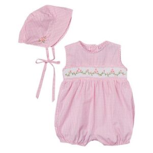 Pink & White Gingham Smocked Bubble & Bonnet (FK-TM621)