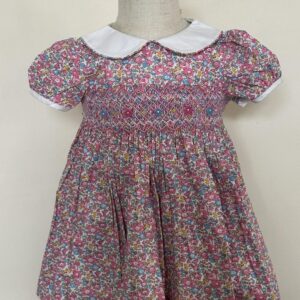 Pink & Blue Floral Smocked Peter Pan Dress ( FK - B0146)