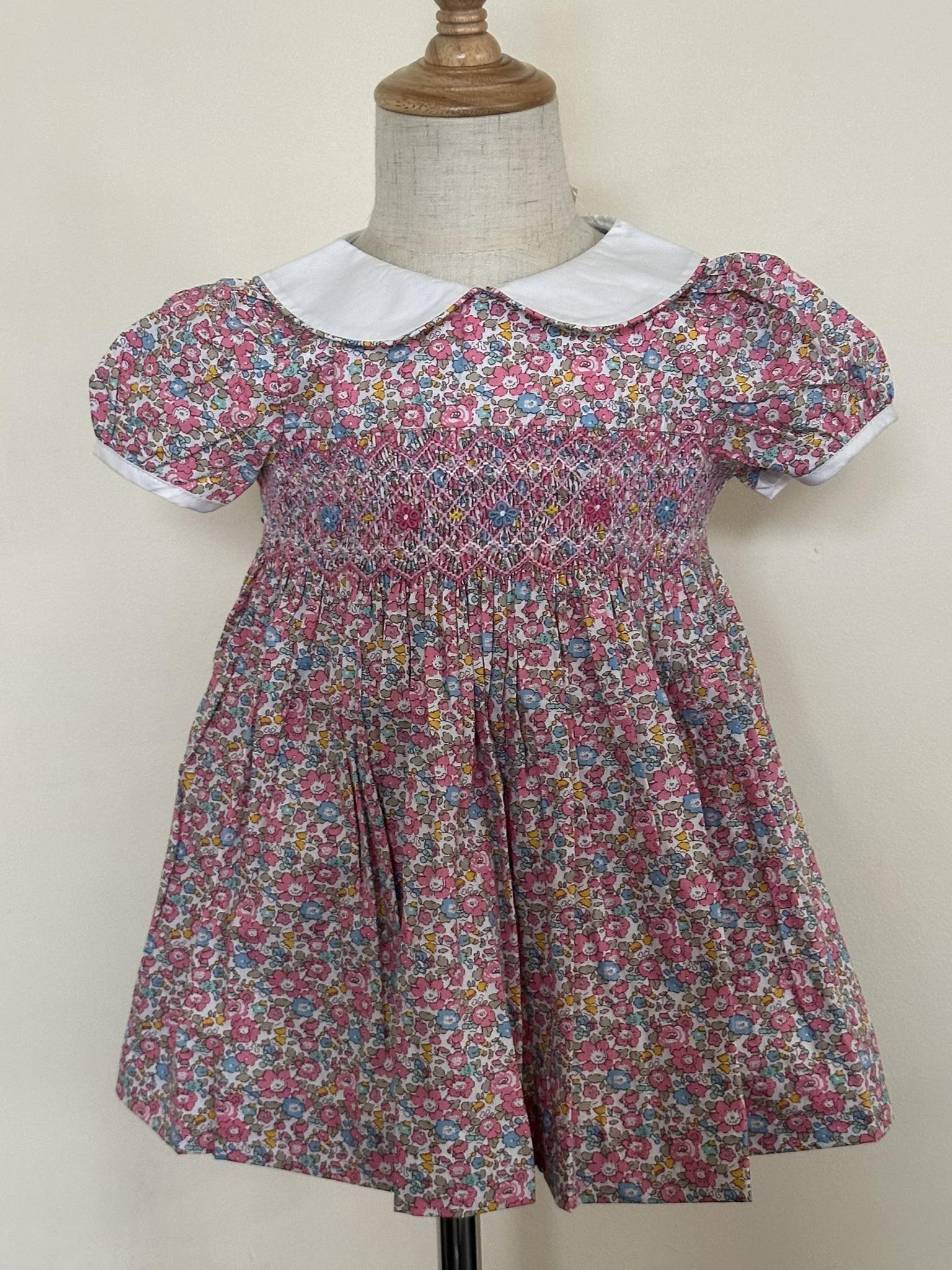Pink & Blue Floral Smocked Peter Pan Dress ( FK - B0146)