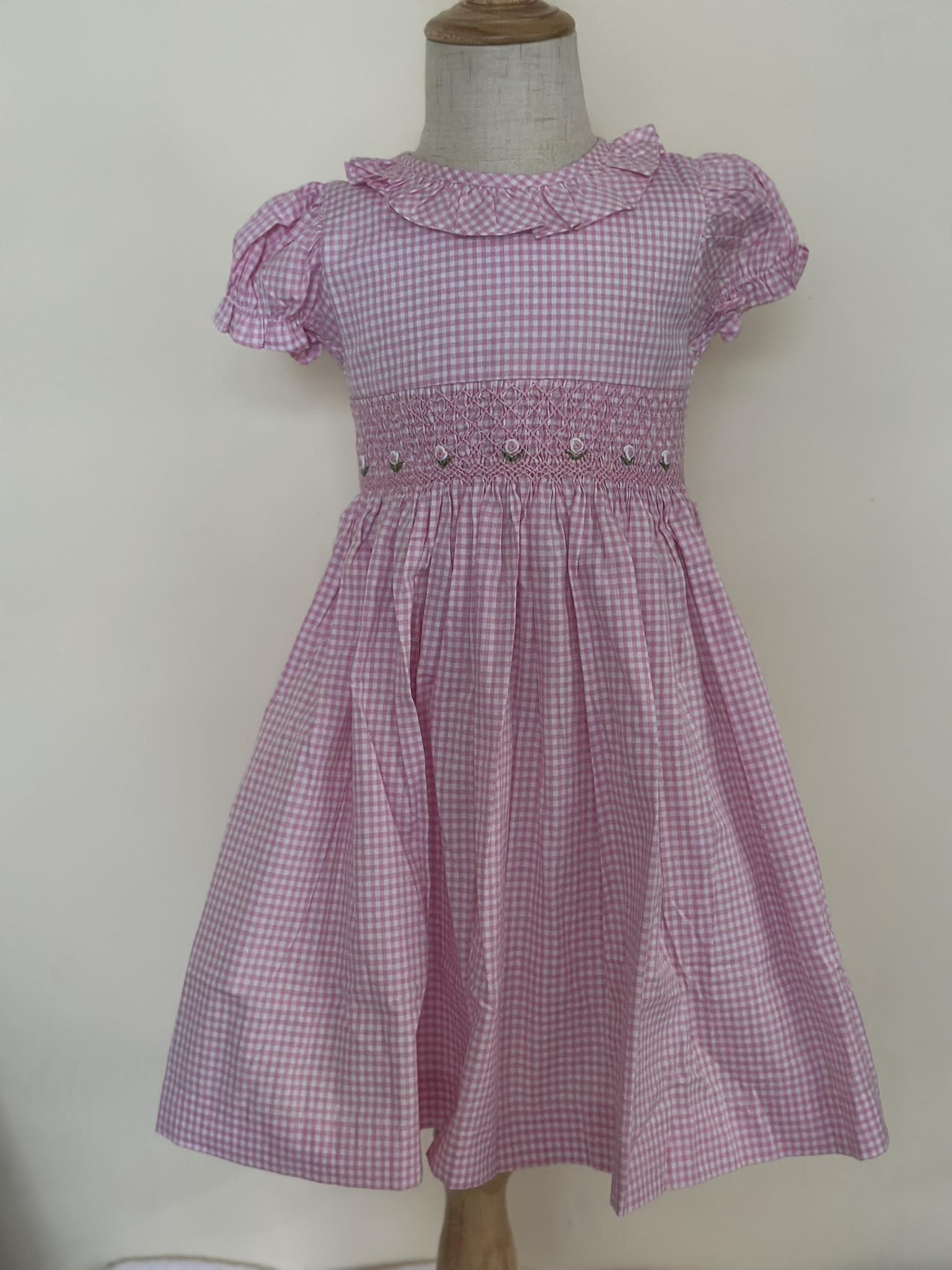 Pink Smocked Plaid Flower Dress (FK-B0159)