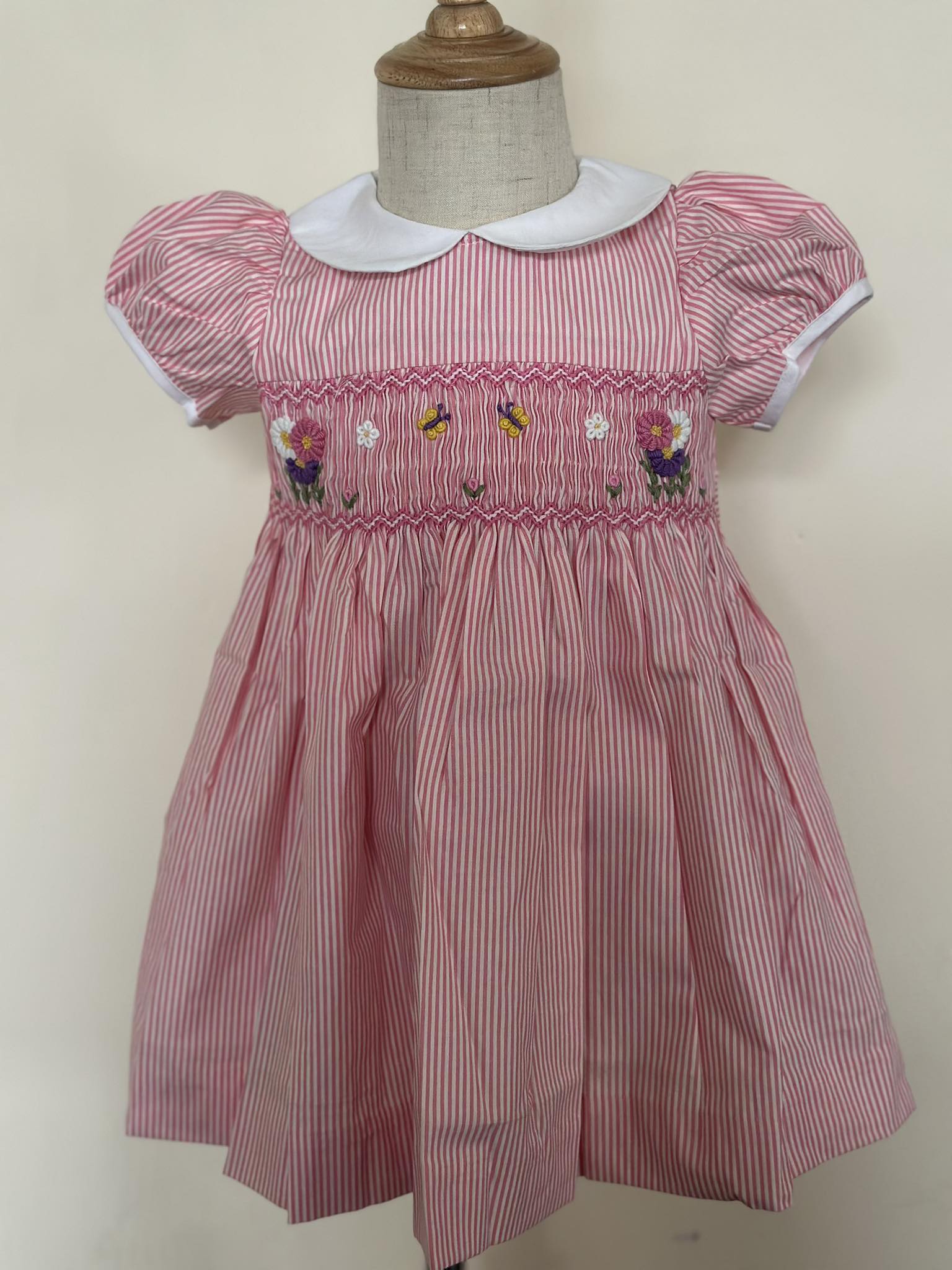 Pink& White Strip Smocked Peter Pan Collar Dress (FK-B1061A)