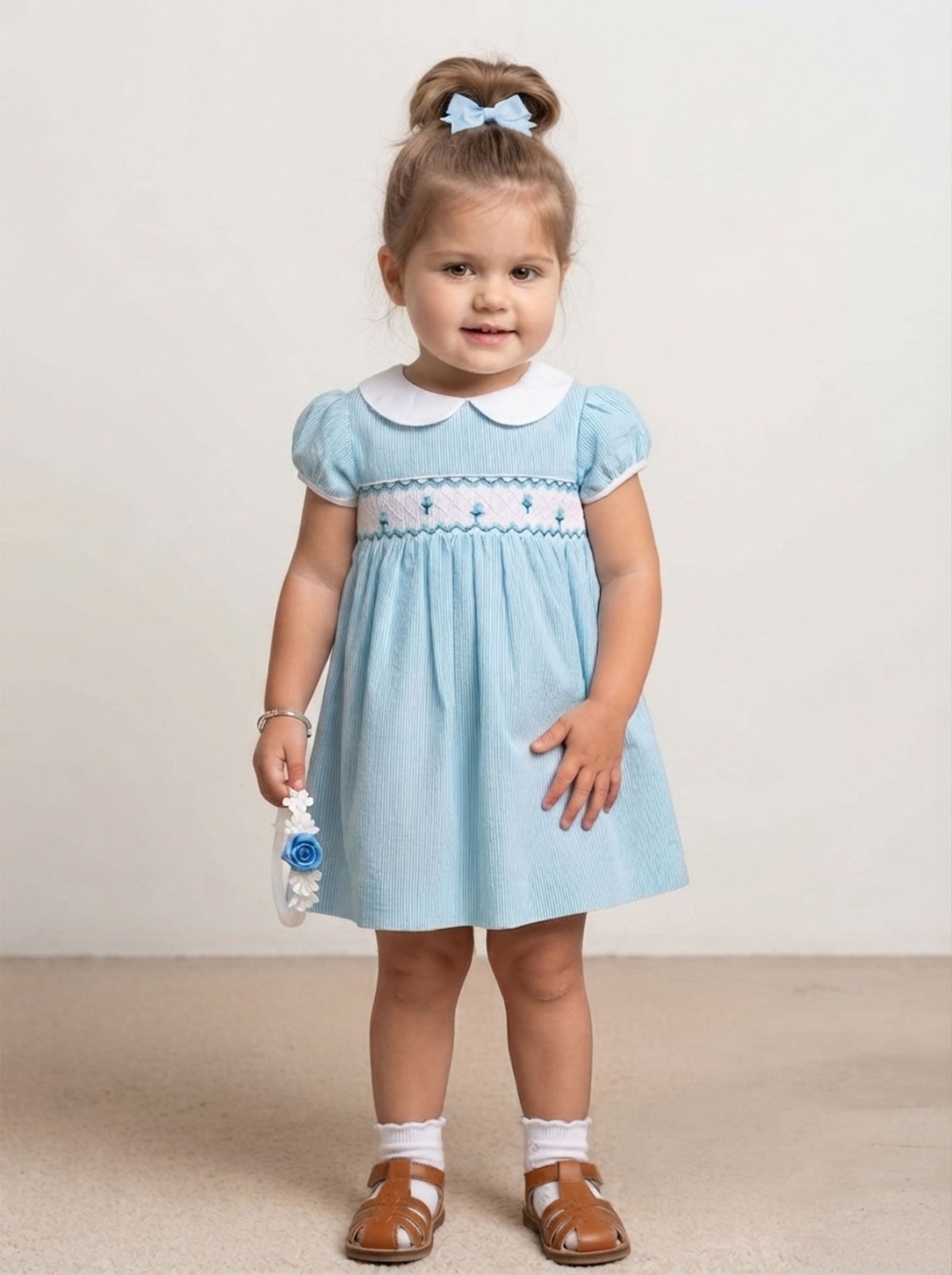 Baby Blue & White Stripe Peter Collar Pan Smocked Dress ( PS-NP 151) - Image 2