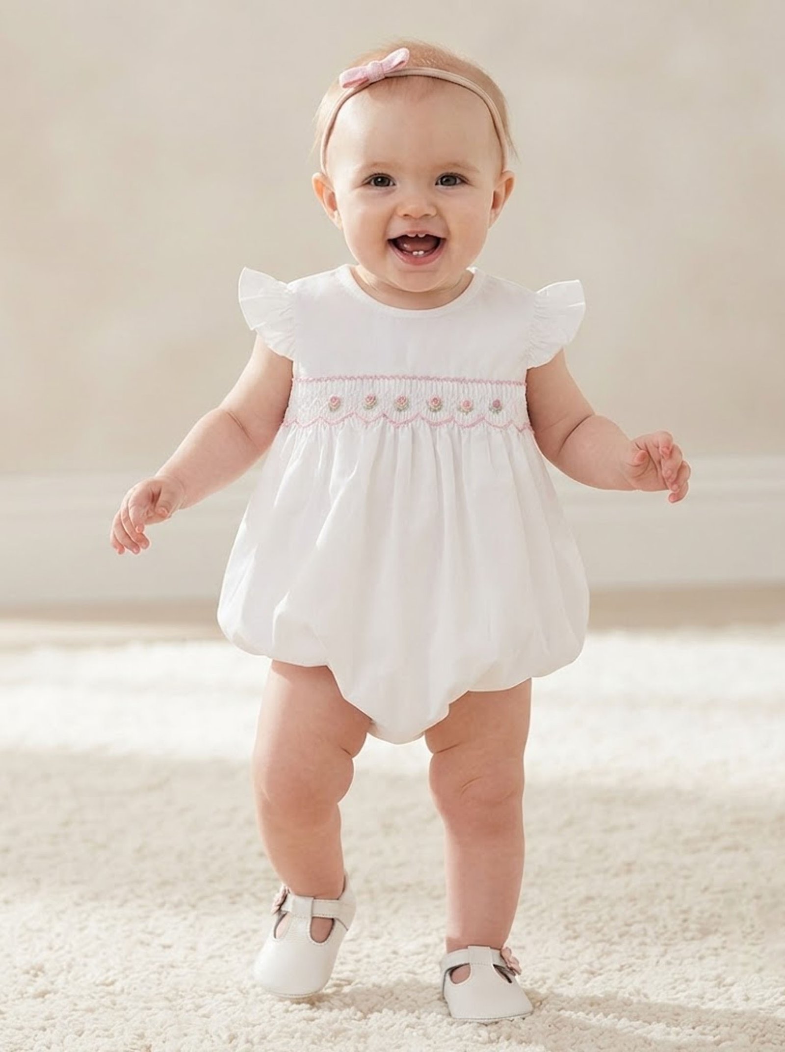 White & Pink Floral Smocked Bubble (FB-B055) - Image 2