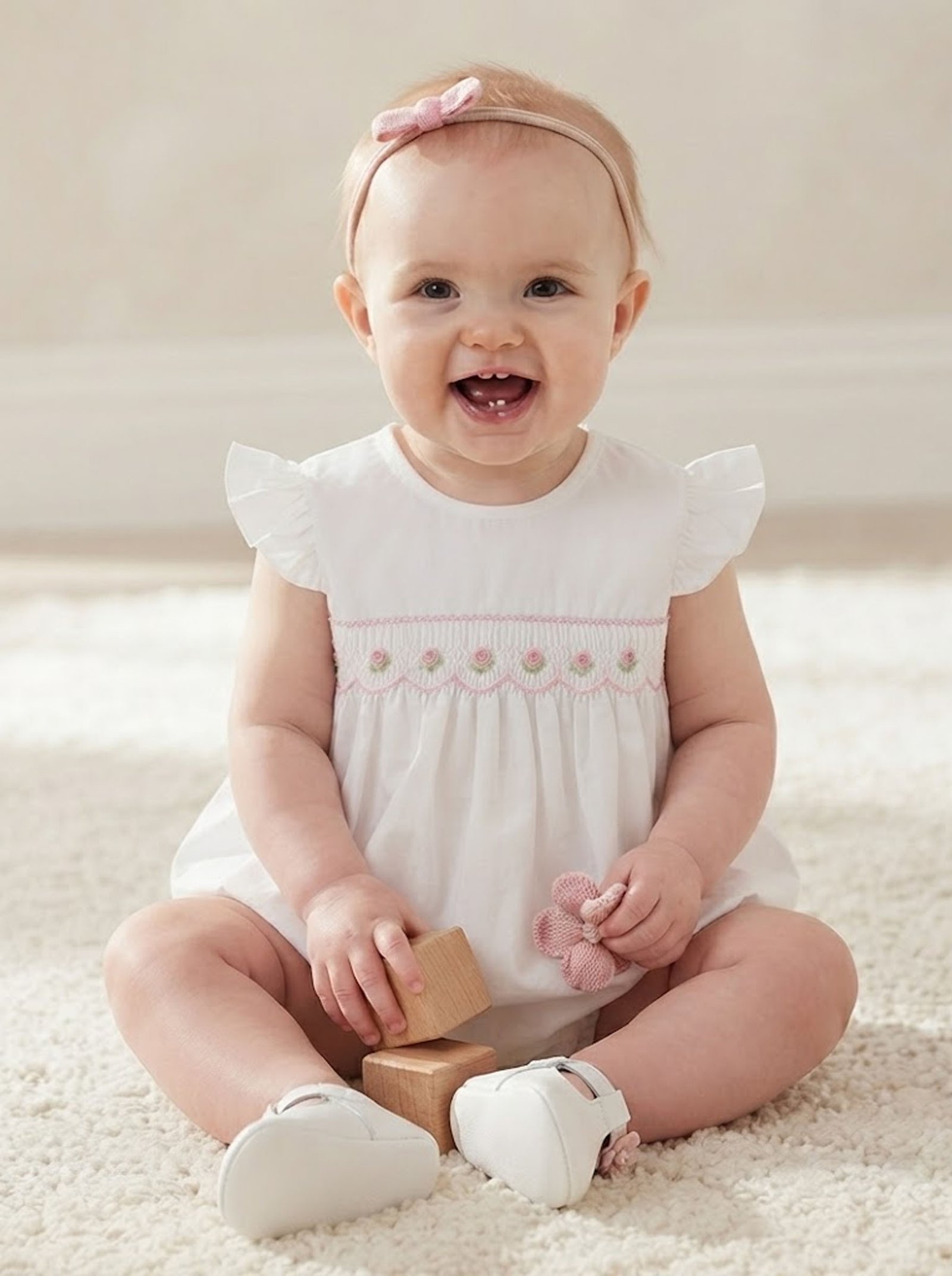 White & Pink Floral Smocked Bubble (FB-B055) - Image 3