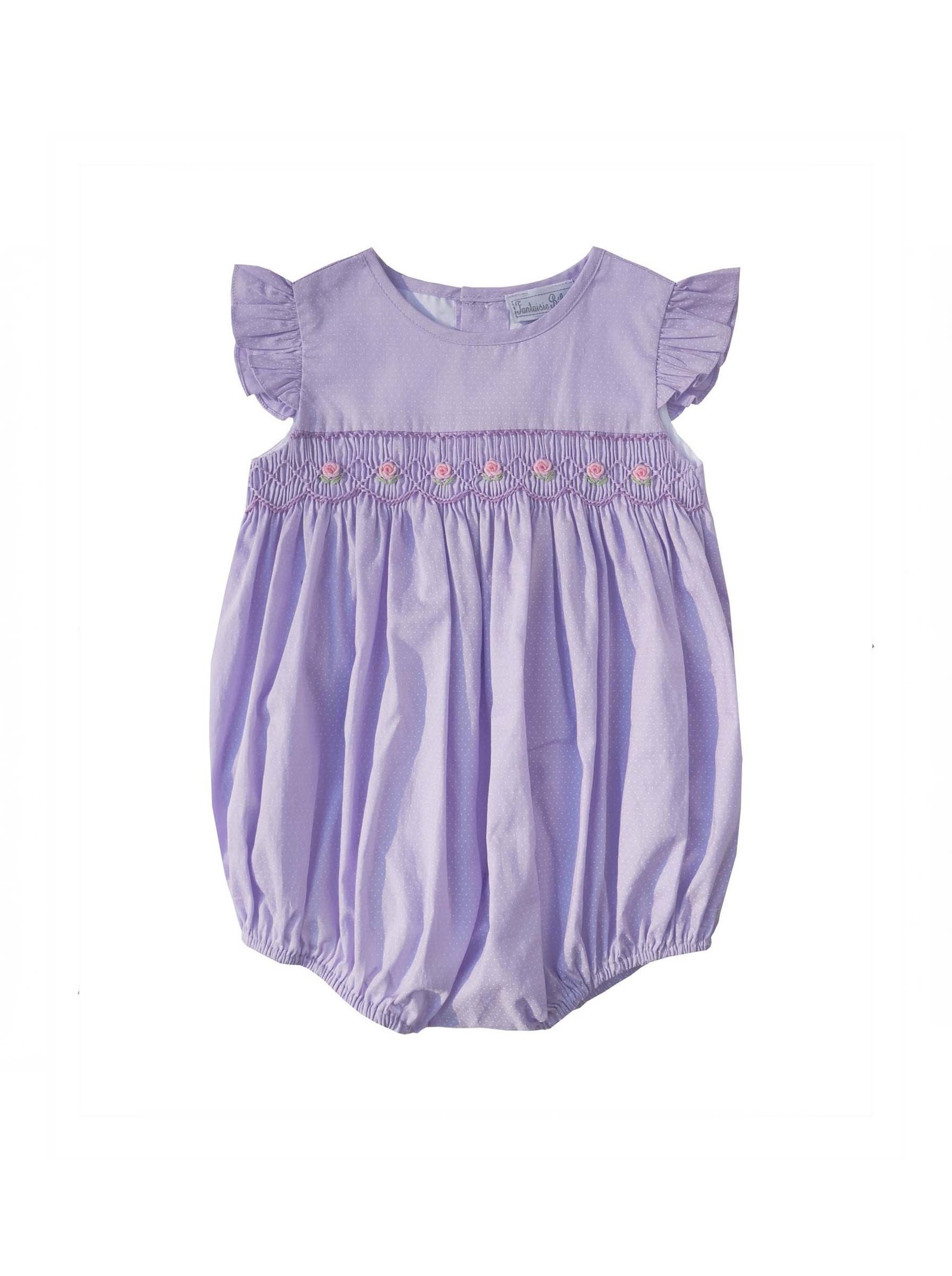 Lavender Polka Dot Floral Smocked Angel Sleeve Bubble (FB-B058)