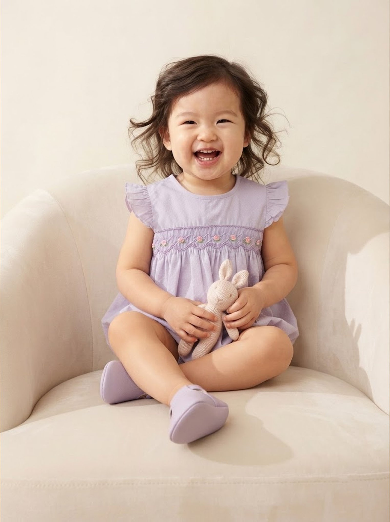 Lavender Polka Dot Floral Smocked Angel Sleeve Bubble (FB-B058) - Image 2