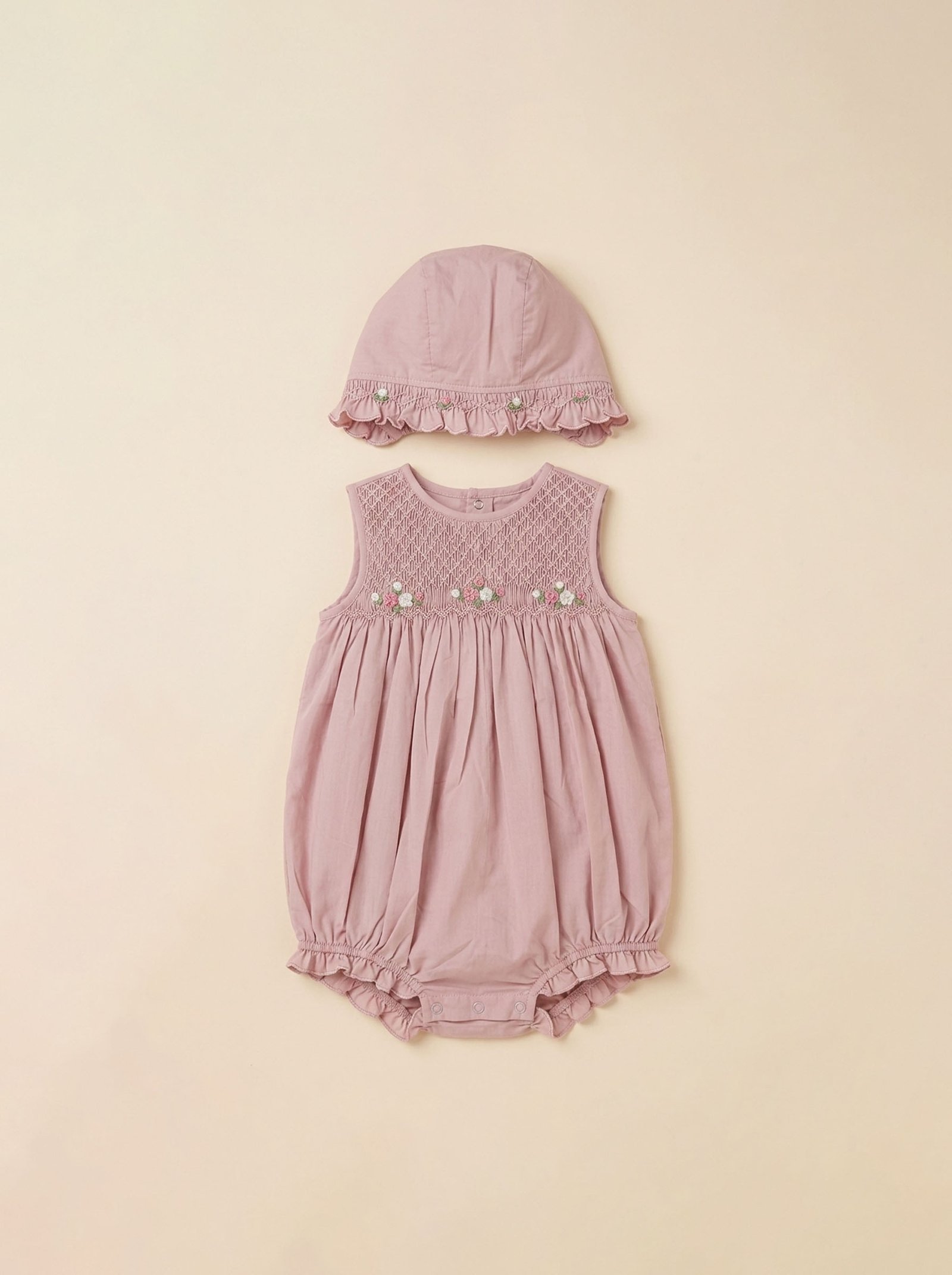 Nude Smocked FLoral Bubble & Bonnet (FB- TM 037)