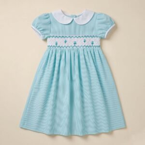 Baby Blue & White Stripe Peter Collar Pan Smocked Dress ( PS-NP 151)