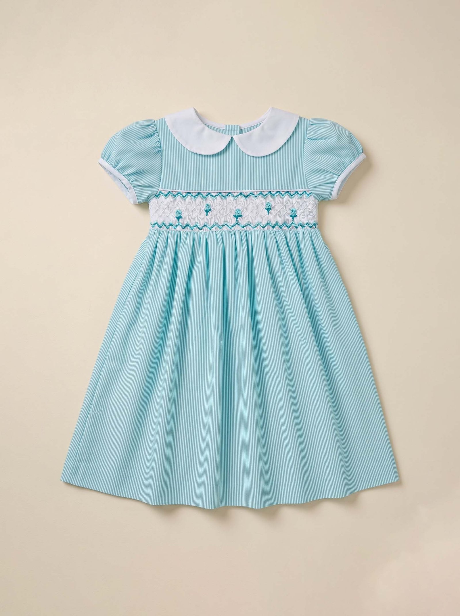 Baby Blue & White Stripe Peter Collar Pan Smocked Dress ( PS-NP 151)
