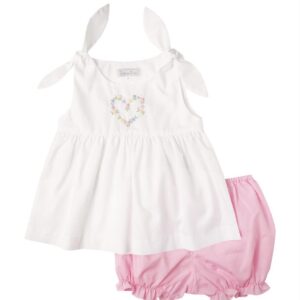 White & Pink Heart Embroidered Top & Bloomers