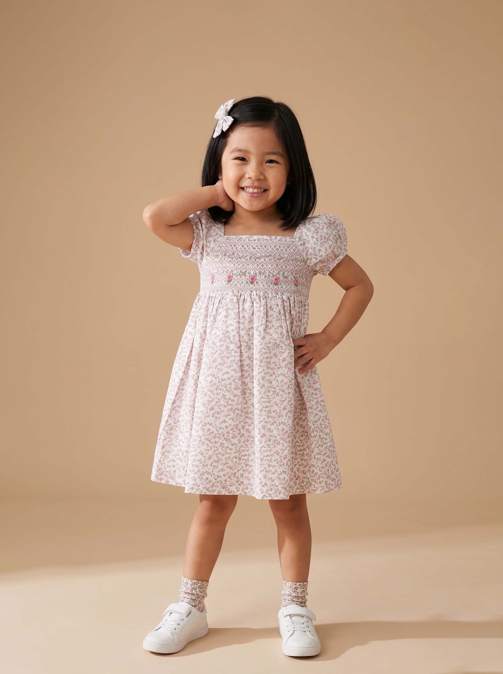 Pink & White Floral Gingham Smocked Dress (PS-TM 1157) - Image 2